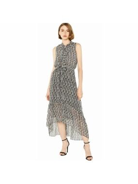 MISA Los Angeles Audra Sleeveless Black & White Printed Tie-Waist Midi Dress M